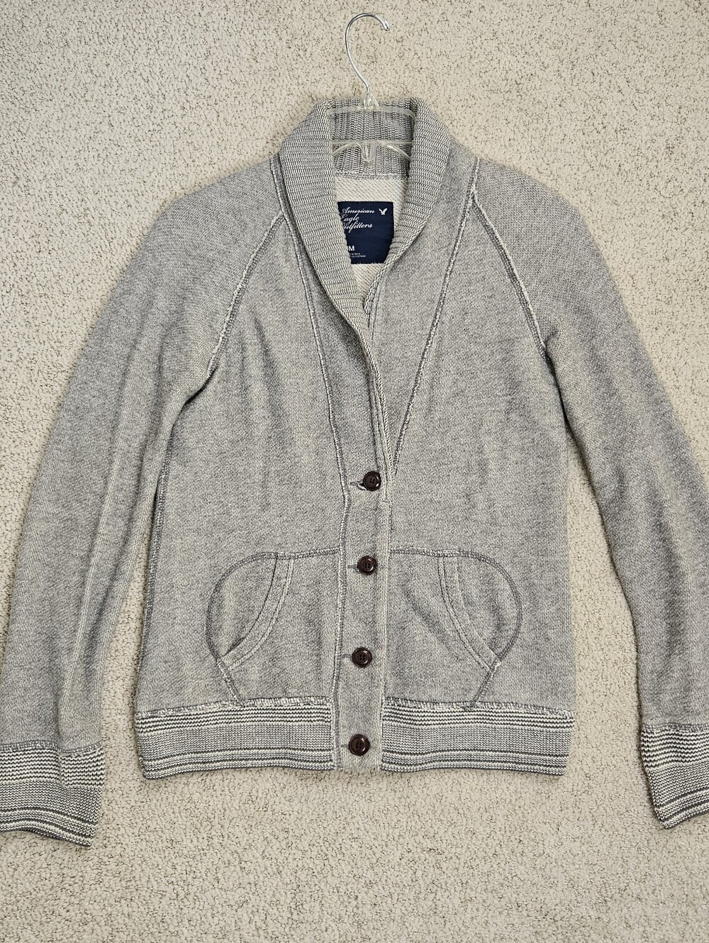 American Eagle Cardigan Mens Shaw Collar Academia Grandpa Button Pockets Gray